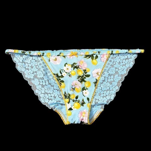Victorias Secret Strappy sheer mesh lace back string bikini panty blue lemons M - Picture 1 of 2